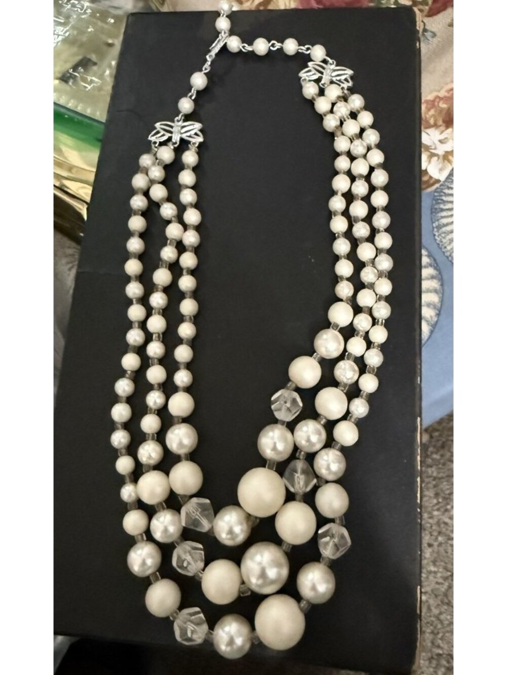 Vintage Necklace Faux Pearl 3 Strand Choker with Beads Made in Japan